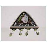 Lovely signed Sterling Silver Triangular Brooch w/Enamelwork Face by Susan Crow Metz