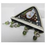 Lovely signed Sterling Silver Triangular Brooch w/Enamelwork Face by Susan Crow Metz