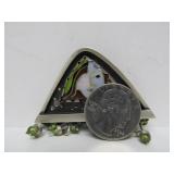 Lovely signed Sterling Silver Triangular Brooch w/Enamelwork Face by Susan Crow Metz