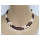 Very Nice Genuine Freshwater Pearl & Cranberry Colored Gemstone Double-Strand Necklace