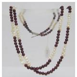Very Nice Genuine Freshwater Pearl & Cranberry Colored Gemstone Double-Strand Necklace