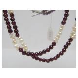 Very Nice Genuine Freshwater Pearl & Cranberry Colored Gemstone Double-Strand Necklace
