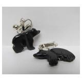 Pair of Carved Jet stone & Sterling Silver Native American Bear Fetish Earrings