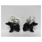 Pair of Carved Jet stone & Sterling Silver Native American Bear Fetish Earrings