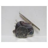 Great Looking Sculptural Modernist Sterling Silver & Botswana Agate Brooch