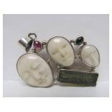 Very Cool Sterling Silver Pendant w/Gemstones, Ancient Glass & Carved Bone Faces