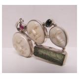 Very Cool Sterling Silver Pendant w/Gemstones, Ancient Glass & Carved Bone Faces