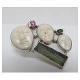 Very Cool Sterling Silver Pendant w/Gemstones, Ancient Glass & Carved Bone Faces