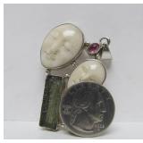 Very Cool Sterling Silver Pendant w/Gemstones, Ancient Glass & Carved Bone Faces