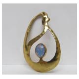 Beautiful Hand Hammered Gilt Sterling Modernist Pendant w/Opal