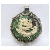 Large Old Vintage Oriental Carved Bone on Green Stone Dragon Pendant