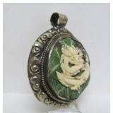 Large Old Vintage Oriental Carved Bone on Green Stone Dragon Pendant
