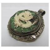 Large Old Vintage Oriental Carved Bone on Green Stone Dragon Pendant