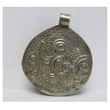 Large Old Vintage Oriental Carved Bone on Green Stone Dragon Pendant