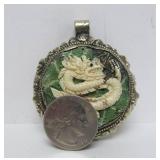 Large Old Vintage Oriental Carved Bone on Green Stone Dragon Pendant