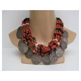 Wonderful Large Antique Moroccan Coral & Genuine Silver Coin Necklace