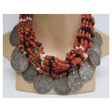 Wonderful Large Antique Moroccan Coral & Genuine Silver Coin Necklace