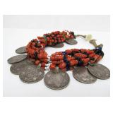 Wonderful Large Antique Moroccan Coral & Genuine Silver Coin Necklace