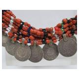 Wonderful Large Antique Moroccan Coral & Genuine Silver Coin Necklace