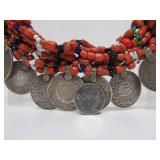Wonderful Large Antique Moroccan Coral & Genuine Silver Coin Necklace