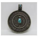Ornate Old Vintage Genuine Silver & Turquoise Large Round Pendant