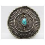 Ornate Old Vintage Genuine Silver & Turquoise Large Round Pendant