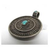 Ornate Old Vintage Genuine Silver & Turquoise Large Round Pendant