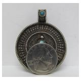 Ornate Old Vintage Genuine Silver & Turquoise Large Round Pendant