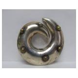 Vintage TAXCO Sterling Silver Round Swirl Brooch w/Brass Studs