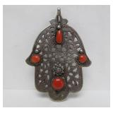 LARGE Vintage Moroccan Hand Pendant w/Inset Coral Stones