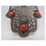 LARGE Vintage Moroccan Hand Pendant w/Inset Coral Stones