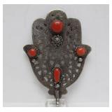 LARGE Vintage Moroccan Hand Pendant w/Inset Coral Stones