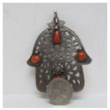 LARGE Vintage Moroccan Hand Pendant w/Inset Coral Stones