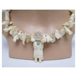LARGE Southwestern Carved Bone Fetish Necklace w/Animals & Kachina Figures