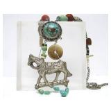 LARGE & Impressive Carved Stone & Turquoise Beaded Necklace w/Large Horse Pendant