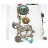 LARGE & Impressive Carved Stone & Turquoise Beaded Necklace w/Large Horse Pendant