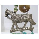 LARGE & Impressive Carved Stone & Turquoise Beaded Necklace w/Large Horse Pendant