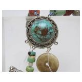 LARGE & Impressive Carved Stone & Turquoise Beaded Necklace w/Large Horse Pendant