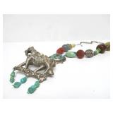 LARGE & Impressive Carved Stone & Turquoise Beaded Necklace w/Large Horse Pendant