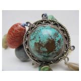 LARGE & Impressive Carved Stone & Turquoise Beaded Necklace w/Large Horse Pendant
