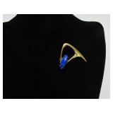 Beautiful Sculptural Modernist Brass Brooch w/Lapis