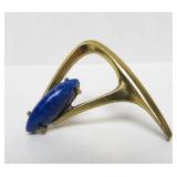 Beautiful Sculptural Modernist Brass Brooch w/Lapis