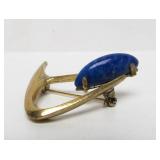 Beautiful Sculptural Modernist Brass Brooch w/Lapis