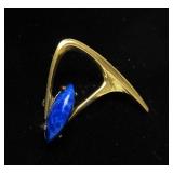 Beautiful Sculptural Modernist Brass Brooch w/Lapis