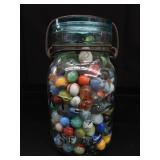 VINTAGE / ANTIQUE MARBLES / BLUE GLASS ATLAS JAR WITH LID