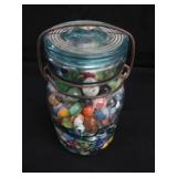 VINTAGE / ANTIQUE MARBLES / BLUE GLASS ATLAS JAR WITH LID