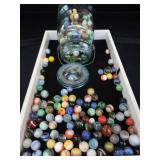 VINTAGE / ANTIQUE MARBLES / BLUE GLASS ATLAS JAR WITH LID