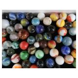 VINTAGE / ANTIQUE MARBLES / BLUE GLASS ATLAS JAR WITH LID
