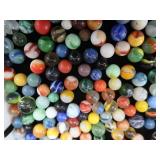 VINTAGE / ANTIQUE MARBLES / BLUE GLASS ATLAS JAR WITH LID