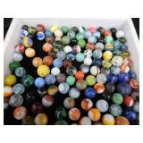 VINTAGE / ANTIQUE MARBLES / BLUE GLASS ATLAS JAR WITH LID